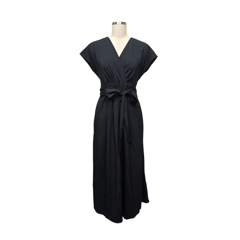 Halara Black Wrap V-Neck Belted Short Sleeve Maxi Dress Womens Size Medium